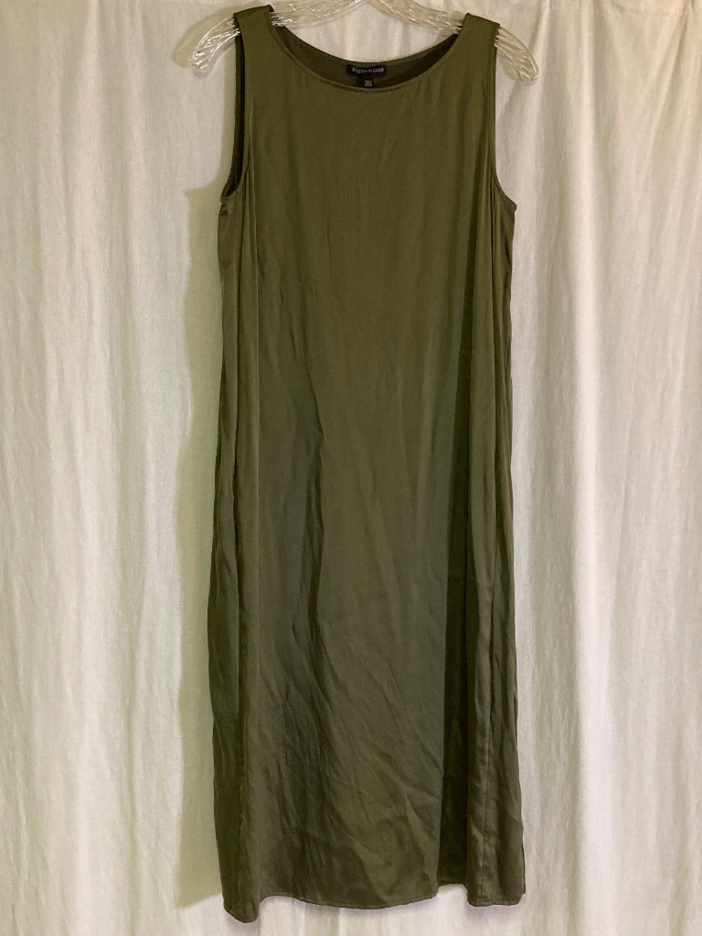 Eileen Fisher Silk Bateau Neck Tank Dress in Olive Green Size Extra Small